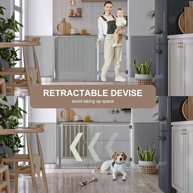 Retractable Baby Gates for Stairs, Dog Gate Indoor Extends to 71" Wide 34" Tall, Child Gates for Doorways, Stair Gate Use for Outdoor, Indoor, Hallways, Doorways, Deck, Porch(Grey)