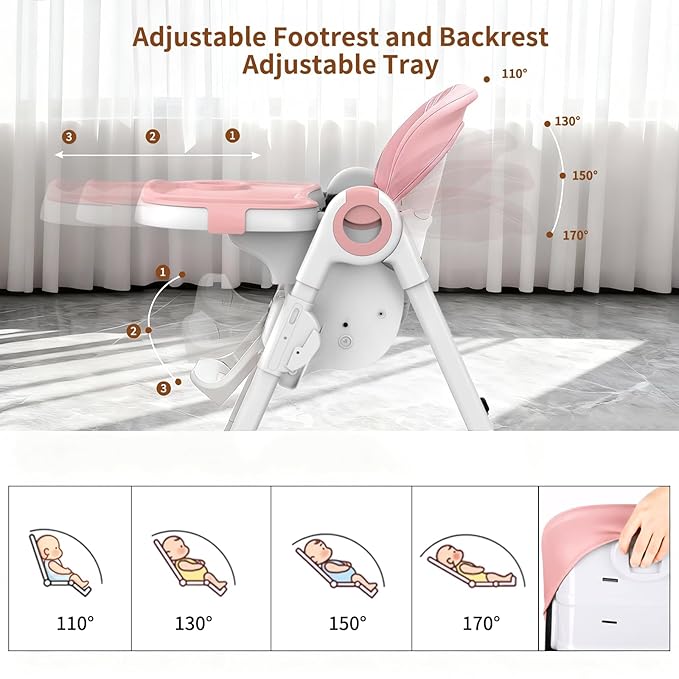 4 in 1 High Chairs for Babies and Toddlers, Foldable Baby High Chairs, Feeding and Eating Seat Highchair with 4 Levels of Recline and 7 Levels of Height Adjustment, Pink