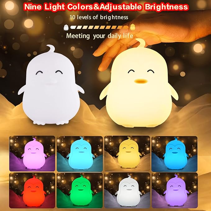 WHA&DARREN Penguin Night Light for Kids, Portable, Rechargeable Silicone Baby Night Light, Girls and Boys Animal Lamp, Kawaii Lamp