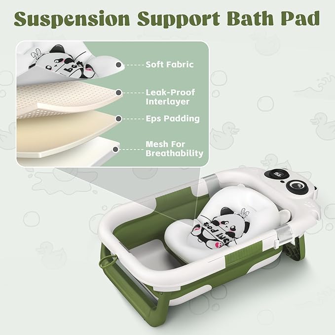 Collapsible Baby Bathtub for Newborn to Toddler, Portable Baby Bath Tub with Floating Cushion and Thermometer, Infant Bathtub for 0-24 Months(Green)
