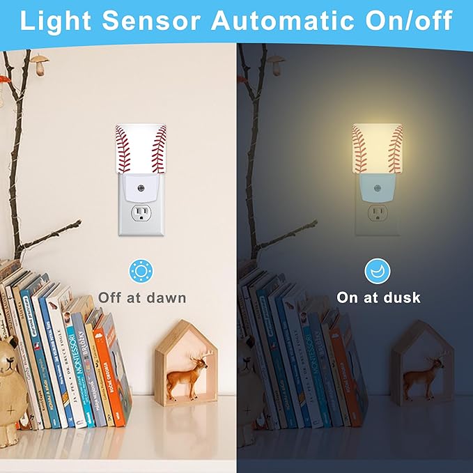 Baseball Plug in Night Light with Auto Dusk to Dawn Sensor,Warm Night Lights for Boys Girls Bedroom Bathroom Hallway Kids Room Gifts