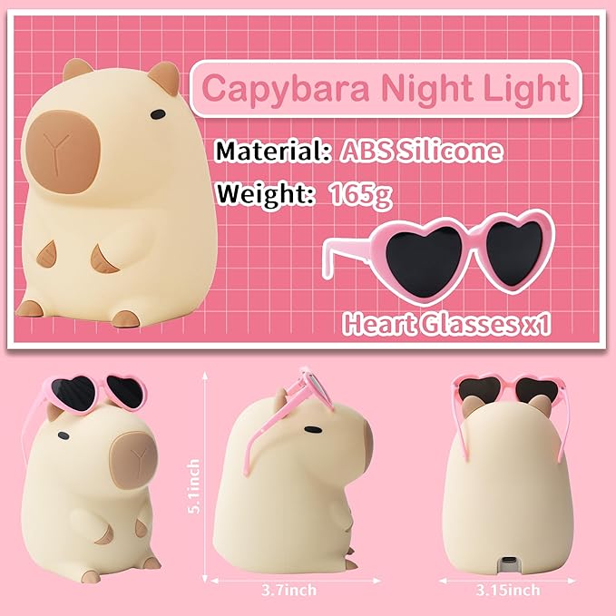 Attivolife Capybara Night Light, Sunglasses Capybara Silicone Lamp for Girls, Touch Nightlight Portable with Dim, Funny Bathroom Table Decor Birthday Xmas Gift for Women Friends（Pink Glasses）