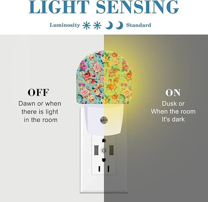 Plug in Night Lights Retro Pink Red Flowers Nightlight Plug Into Wall Dusk to Dawn Sensor LED Night Light for Kid Girls Boys Women Men Room Decor, Hallway, Kitchen, Bathroom, Nursery, Stairs