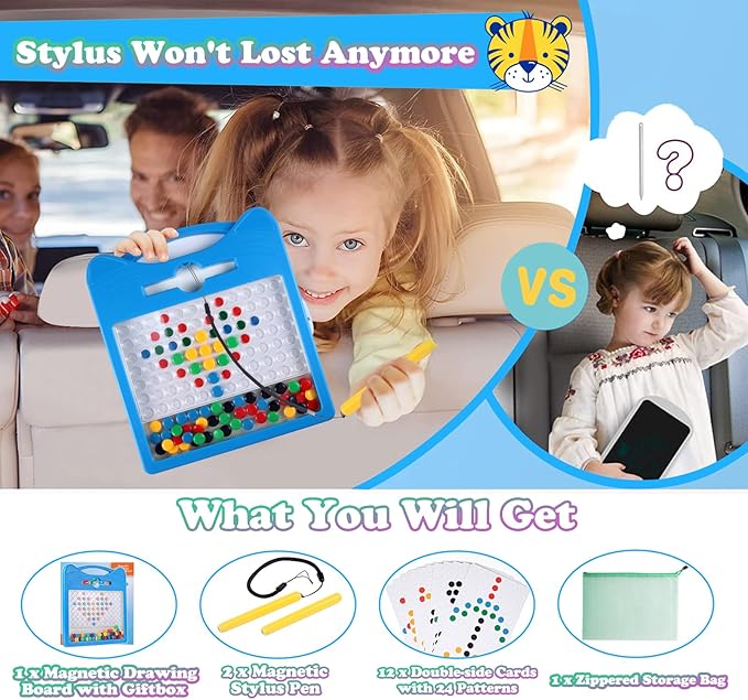 Magnetic Drawing Board for Kids, Toddler Magnet Doodle Board with Beads and 2 Pens, Magnetic Dot Art Toys, Airplane Car Travel Activities (Blue Cat)