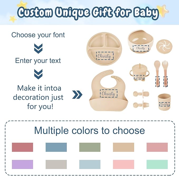 Personalized Silicone Baby Feeding Set with Name, Customized Baby Led Weaning Supplies Self Feeding Eating Utensils with Spoon, Fork, Silicone Suction Bowls, Cup, Plate Smoky Gray