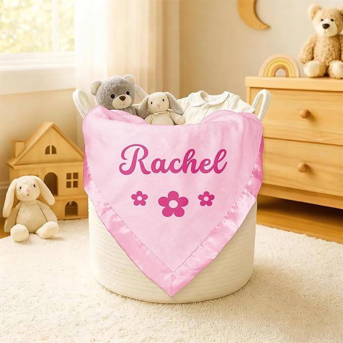 Personalized Baby Blanket with Name, Custom Flannel Swaddle Blankets, Customized Embroidered Receiving Blanket for Girls, Baby Shower Birthday for Newborn - Pink(36" x 36")