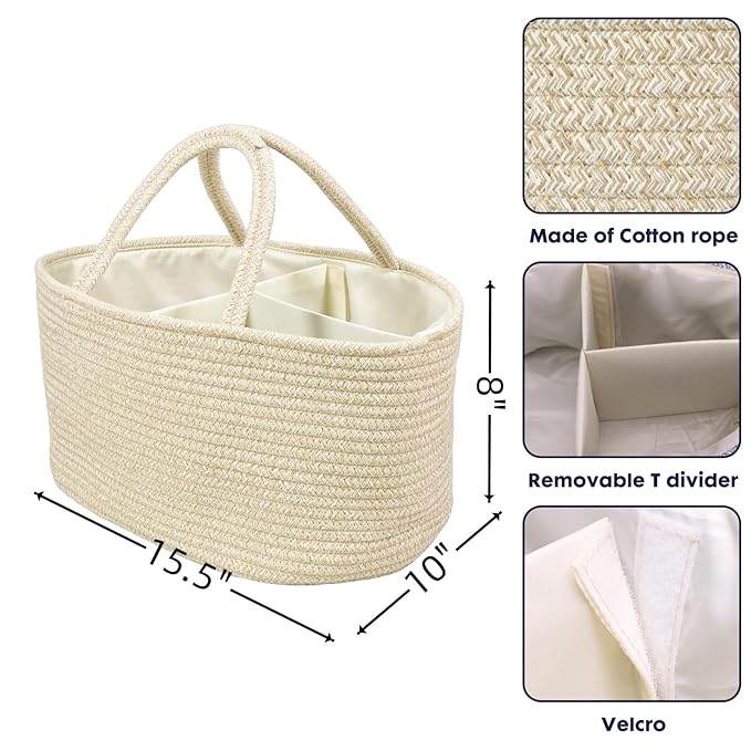Large Baby Diaper Caddy Organizer for Girl Boy Rope Nursery Storage Bin Basket Portable Holder Tote Bag for Changing Table Car Travel Baby Shower Gifts Oatmeal
