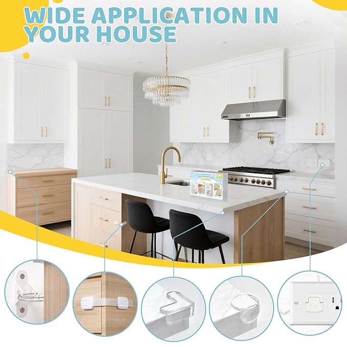 4our Kiddies 56 Pack Baby Proofing Kit, 6 Child Proof Cabinet Locks, 32 Outlet Covers, 6 Anti-Tip Furniture Anchors and 12 Corner Protectors, Child Safety Essentials to Protect Kids at Home