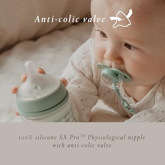 Suavinex Bonhomia Glass Baby Bottle with SX PRO Silicone Nipple, Anti Colic Baby Bottles, Baby Bottles for Breastfed Babies, 3 Pack, Mint/Beige