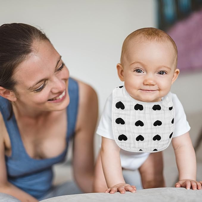 Zainpe 6Pcs Snap Muslin Cotton Bibs for Baby Love Heart Milk Letter Pattern Bib with 6 Absorbent Soft Layers, Machine Washable Burp Cloths for Infants Newborns Toddlers Drooling Feeding and Teething