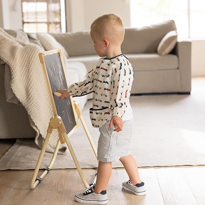 Tiny Twinkle Long Sleeve Bib for Babies & Toddlers – 2 Pack Waterproof Smock Bibs for Eating – Machine Washable & Mess-Proof, Baby Feeding Essential & Shower Must-Have (Cars,Flags,6-24M)