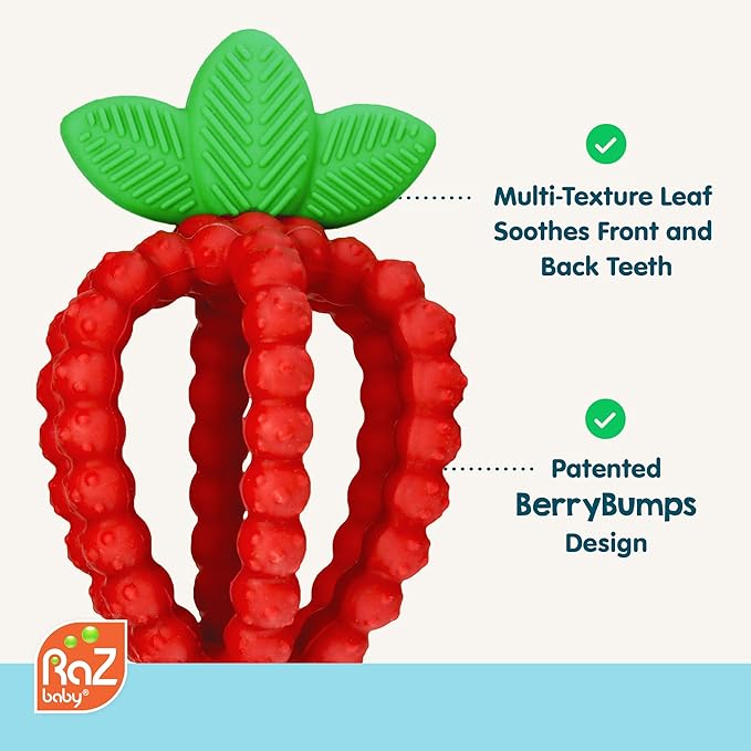 RaZbaby Bites Silicone Baby Teething Toy – Sensory Toy with Textured BerryBumps for Teething Relief, Easy-to-Hold Fruit Shape, BPA-Free, Soothes Front & Back Teeth – Gift for Babies, 3 Months+, Red