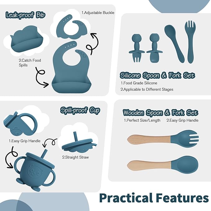 Baby Led Weaning Supplies, 17 Piece BPA-Free Silicone Feeding Set, Eating Essentials Baby Utensils with Suction Plate and Bowl, Pocket Bib, Sippy Cup with Lid, for 6+ Months, Blue