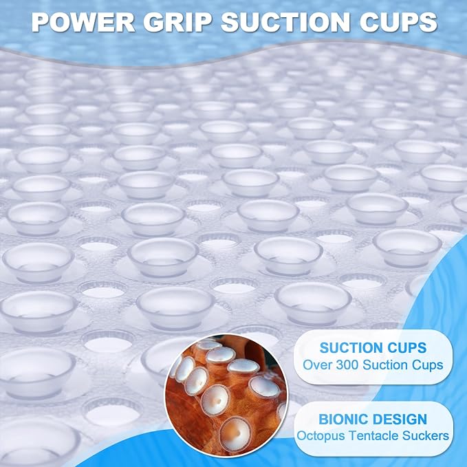 Linoows Bathtub and Shower Mats, 40x16 Inch Extra Large Non Slip Soft Bath Tub Mat with Suction Cups and Drain Holes for Bathroom Floor and Keep Tubs Clean, Machine Washable, Clear