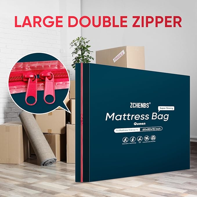ZCHENBS® – Mattress Bags for Moving and Storage,Mattress Bag with Zippers,5 Mil Ultra-Thick Bed Bag,Waterproof,Anti-Tear,Heavy-Duty Mattress bag (Black, Queen-(1 Pack))