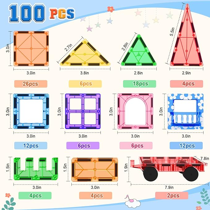 100PCS Magnetic Tiles STEM Building Toys Set with 2 Cars, Sensory Stacking Magnetic Blocks for Toddlers & Kids, Ideal for Preschool Montessori Toys Christmas Birthday Gifts for Boys & Girls Ages 3+