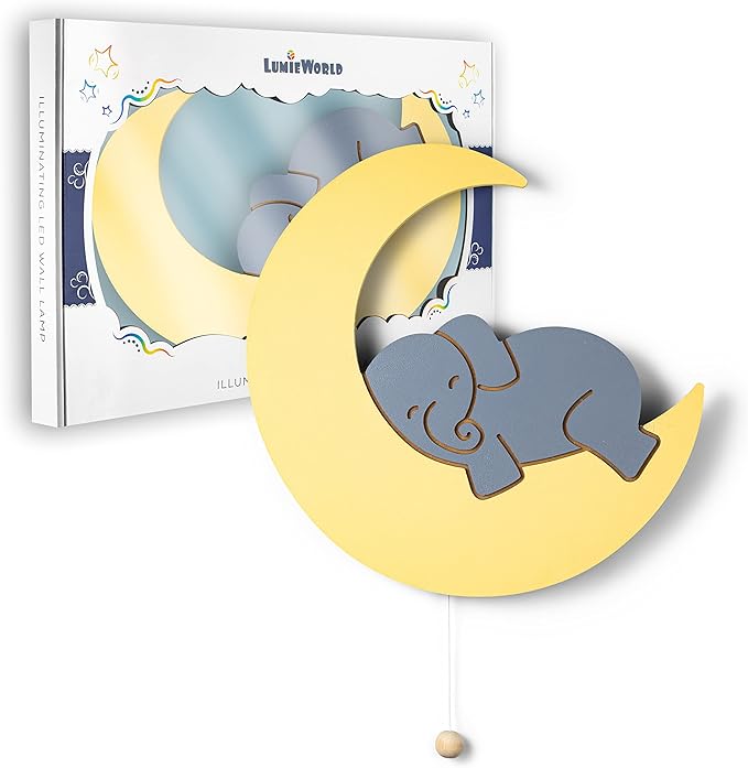 Lumipets Lighted Elephant on Moon, Nursery Night Light, Wall Mounted Lighted, Battery Operated Cloud Light Sign–Lightweight Moon Night Light for Babies, Toddlers, Kids