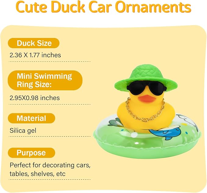 wonuu Car Rubber Duck, Yellow Duck Decoration Dashboard with Sun Hat Swim Ring Necklace Sunglasses for Car Dashboard Decorations