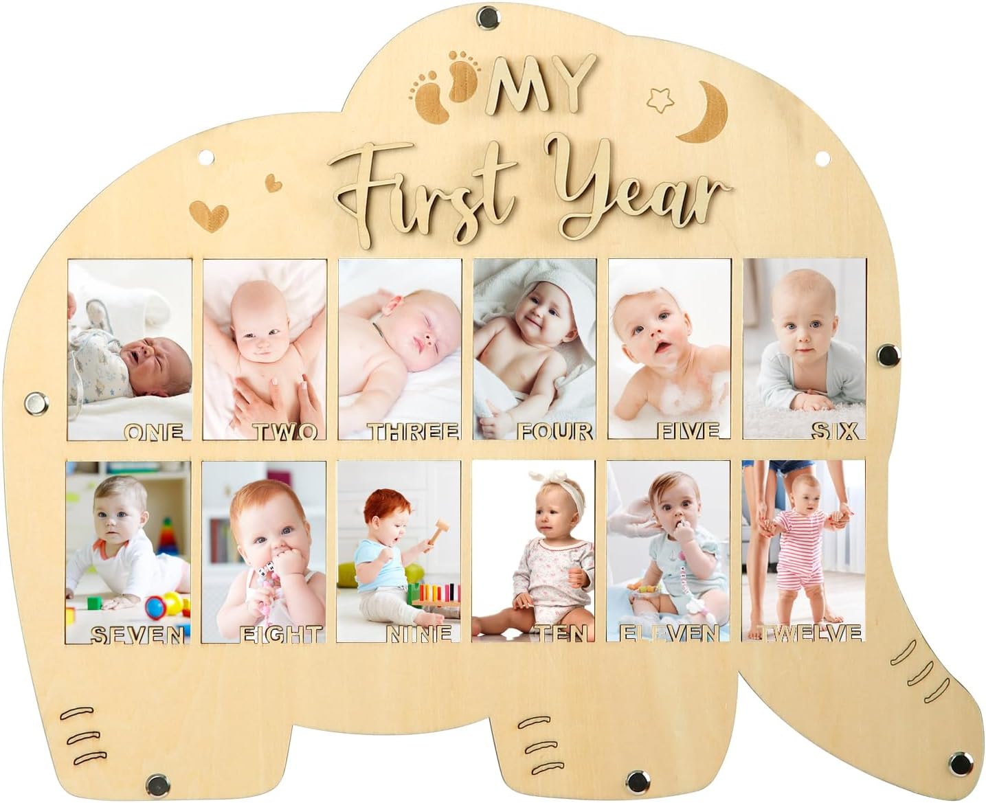 My First Year Picture Frame,One Year Of Photo Board, Baby's First Twelve Months Photo Collage and Gender Neutral Keepsake, Ideal for Baby Shower,New Mom Keepsake Gift and Nursery Decor - With Stand (Elephant sign)