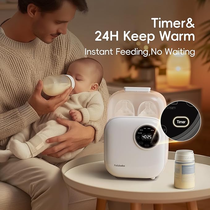 Baby Bottle Warmer, Felizbebe 10-in-1 Double Bottle Warmer for Breastmilk or Formula, Accurate Temperature Control, Timer, Sterili-zing, Defrost, Heat Food, Keep Warm, Breast Milk Warmer for Baby