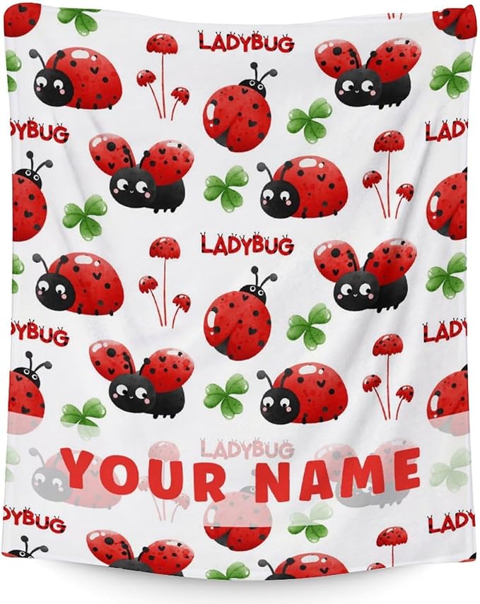 Custom Ladybug Gifts with Name - Kids Blanket for Ladybug Lovers - 30 x 40 Inches Lap Size White Cute Flannel Throw Blanket Stuff for Crib, Nap