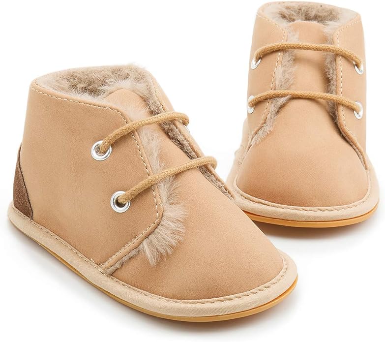 Baby Unisex Warm Snow Boots Newborn Leather Fur Lace Up Ankle Anti-Slip Rubber Texture Sole Toddler Prewalker Winter Crib Shoes