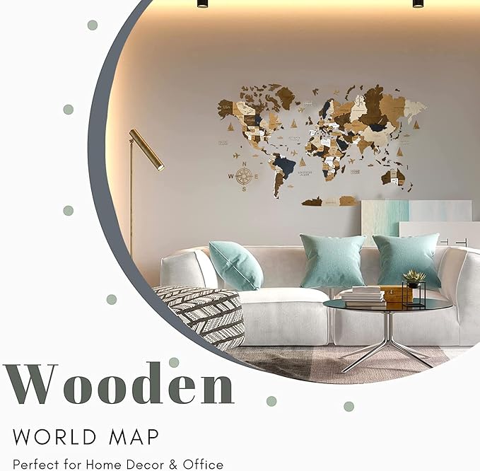 Wooden World Map 3D Art Large Wall Decor - Size (M, L, XL) Any Occasion Gift Idea - Wall Art For Home, Kitchen or Office