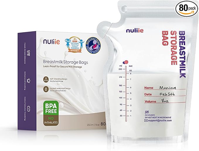 Nuliie 80 Pcs Breastmilk Storage Bags, 8 OZ Breast Milk Storing Bags, BPA Free, Milk Storage Bags with Pour Spout for Breastfeeding, Self-Standing Bag, Space Saving Flat Profile