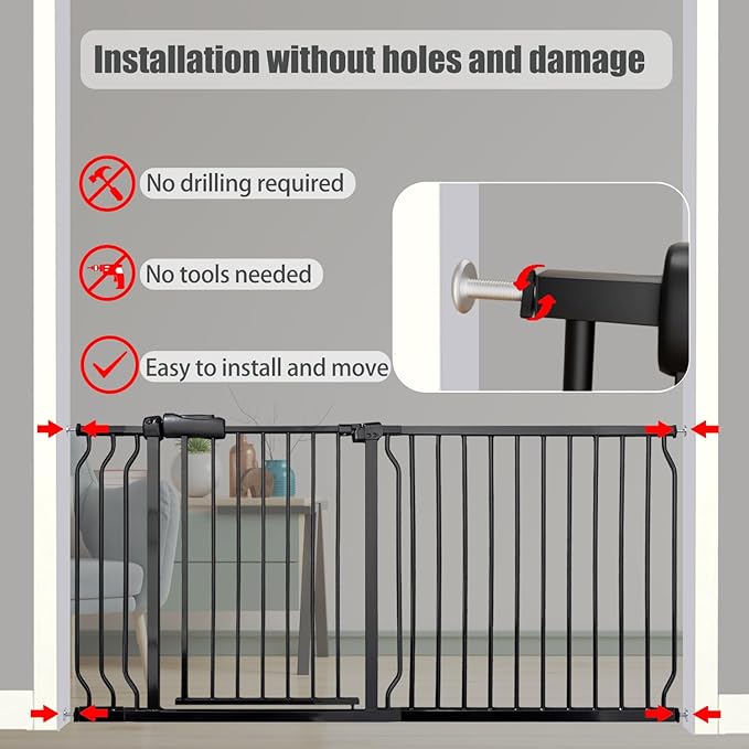 Extra Wide Baby Gate, 52.7-57.5 Inch, Large Walk Through, Black Metal, Pressure Mounted, Long Safety Dog Gate for House Doorways & Stairs