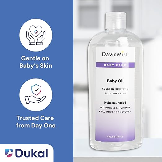 Dukal DawnMist Baby Oil with Dispensing Cap, 16 oz. Bottle (Pack of 12) – Hypoallergenic, Moisturizing Baby Skin Care, Gentle and Non-Irritating Formula