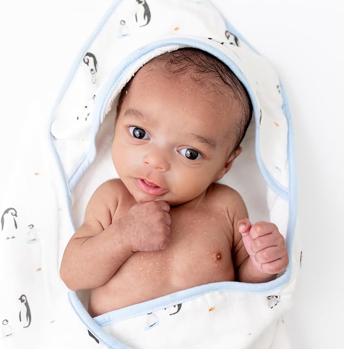 Bamboo Viscose Baby Hooded Towel & Washcloth Set for Babies and Toddlers, Soft & Absorbent, 70% Viscose from Bamboo, 30% Cotton Muslin - Imported (Penguin)