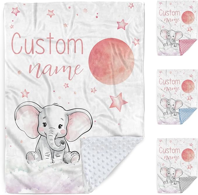 Personalized Baby Blanket, Customized Newborn Blankets with Name, Soft Receiving Blanket for Girl Boy, Pink Elephant Double Layer Dotted Swaddle, Nursery Toddler (47"x60")