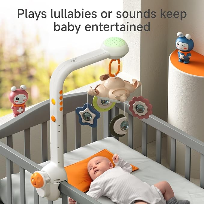 Tumama Baby Crib Mobile with Projection Night Light, Music and White Noise, Soft Plush Mirror Hanging Toys, Mute Spin Motor Nursery Toys for Infant 0-3, 6-9 Month Newborn Xmas Gift (Clouds)