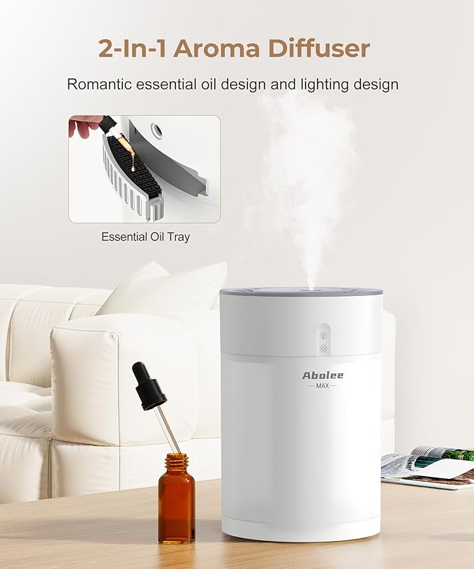 Abolee Humidifiers for Bedroom 4.5L Cool Mist with Essential Oil Diffuser, Humidifier Large Room, 24dB Quiet Air Humificador fit Baby Nursery & Plants, 360° Adjustable, Easy Fill & Cleaning (White)