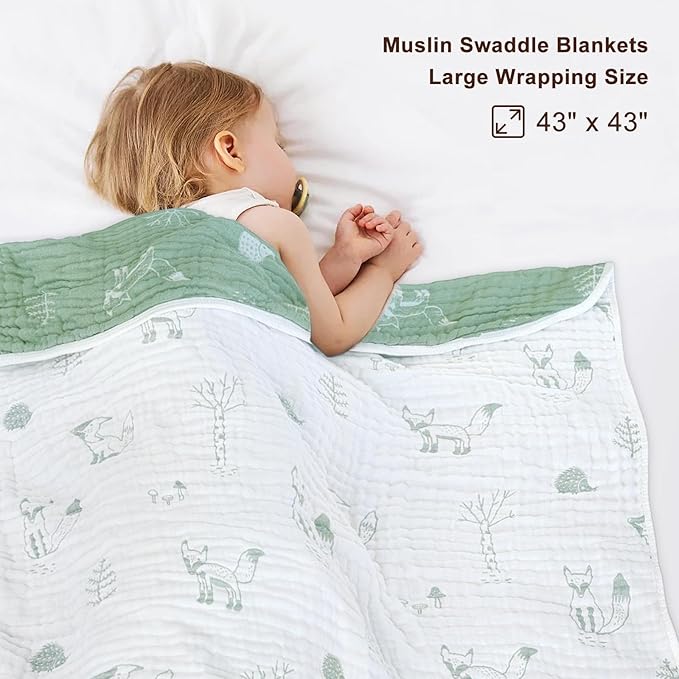 BOPRIO Muslin Baby Blankets for Baby Infant Toddler, 70% Cotton and 30% Rayon with Animal Design Super Soft and Lightweight Nursery Blankets 43 x 43 Inch (Sage Green Fox)