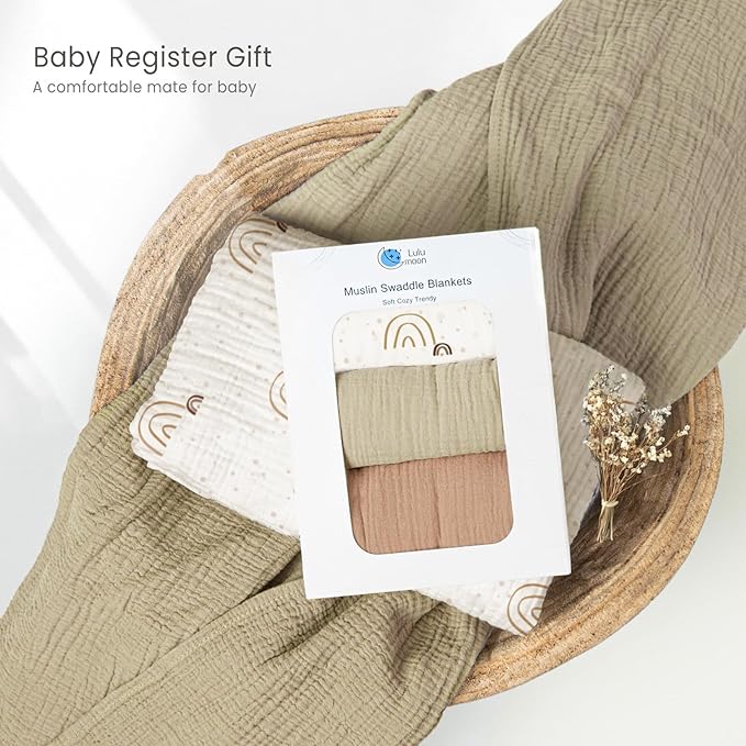 lulumoon Baby Muslin Swaddle Blankets: Soft Receiving Blanket for Newborn - Cotton Swaddling Blanket for Neutral 3Pack(Rainbow Khaiki)