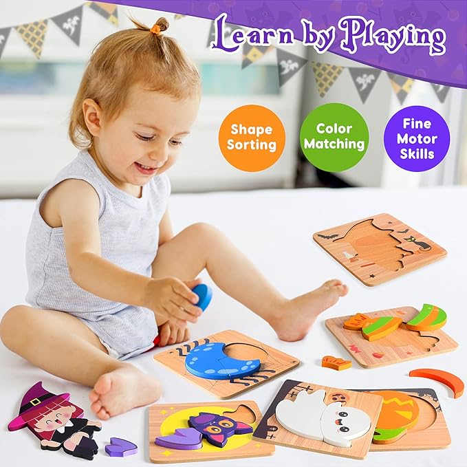 Halloween Wooden Puzzles Toys for Toddlers 1-3, for Baby Boys Girls, Halloween Toys for 1 2 3 Year Old Learning, Halloweens Party Favors for Kids, Trick or Treat Goodie Bag Fillers