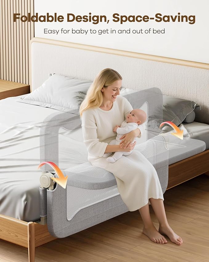 Foldable Bed Rail for Toddlers, 47in Reinforced Carbon Steel Frame&Connectors, Breathable Cationic Fabric, Safety Toddler Bed Rails for Queen, King, Twin, Full, No-Tool Setup.