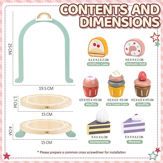 Wooden Cake Toys Tea Party Set, Desserts Food Toy with Cupcake Stand, Kids Pretend Play Kitchen Accessories, Wooden Play Food Set Toy Baking Gift for 3 4 5 Years Old Girls Boys