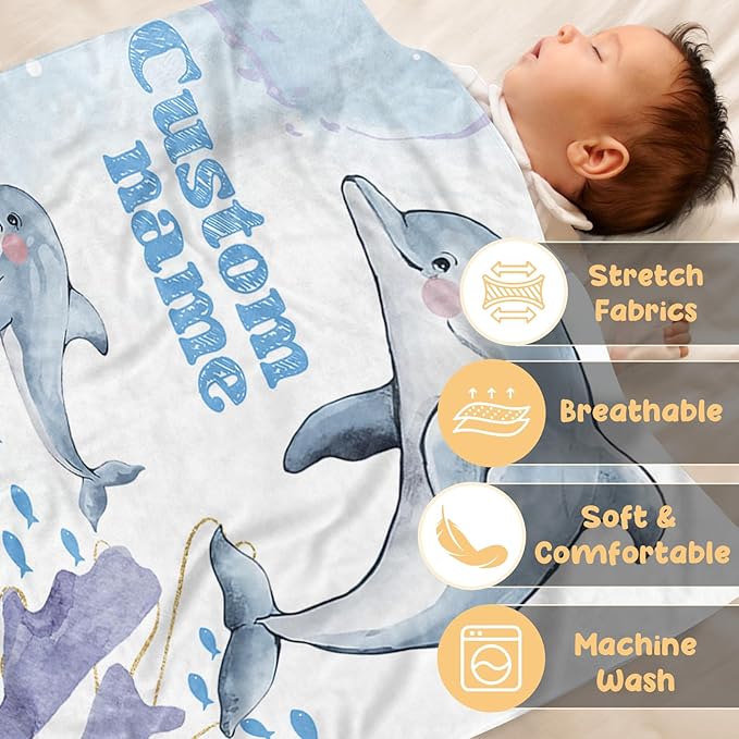 Custom Baby Blanket for Boys & Girls, Personalized Baby Blanket with Name, Soft & Cozy Dolphin Flannel Bed Blankets for Newborn Toddler, Customized Gifts for Shower Birthday Easter(30"x40")