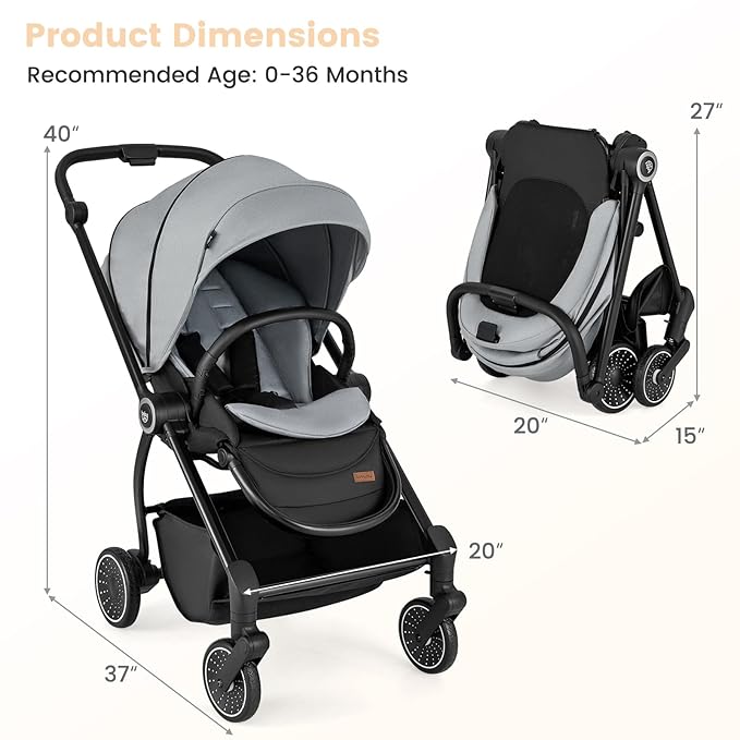 BABY JOY Baby Stroller, Foldable Toddler Stroller with Reversible Seat, Adjustable Backrest/Canopy/Handle/Footrest, Storage Basket, Suspension Wheels, Aluminum Frame (Gray)