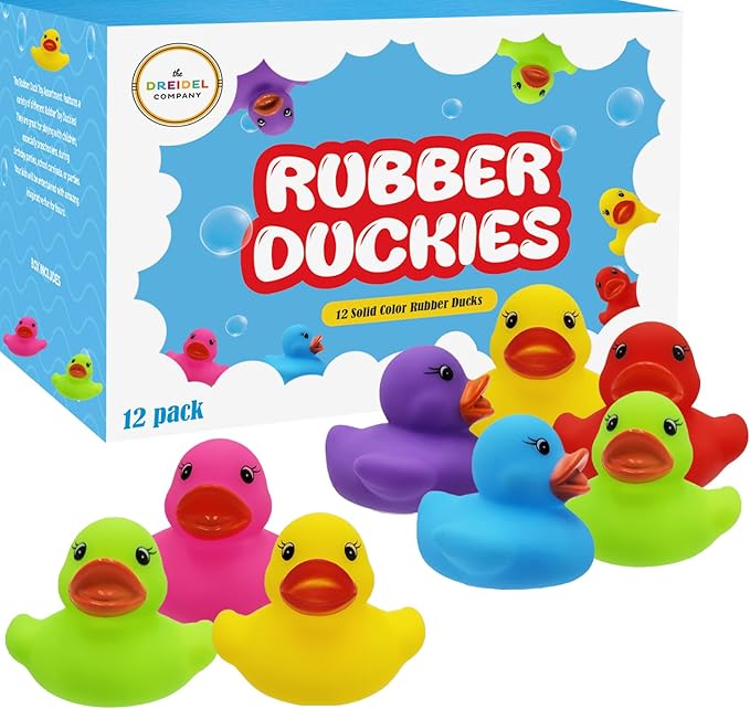 Classic Rubber Duck Toy Duckies for Kids, Six Solid Colors, Bath Birthday Gifts Baby Showers Classroom Summer Beach and Pool Activity, 2" (12-Pack)