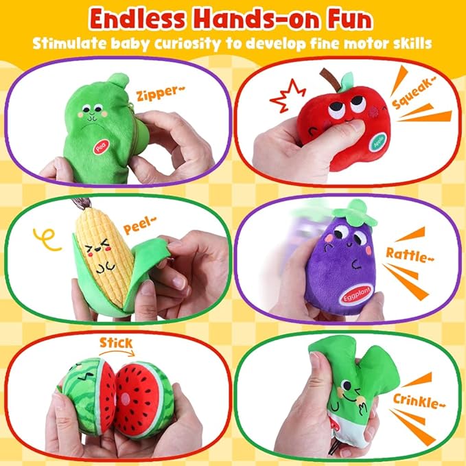 My First Fruit Vegetable Basket, 10 PCS Play Food for Toddler with Sorting Basket, Shapes Sensory Bean Bags, Baby Sensory Toys, Sorting Matching Playset, Soft Plush Stuffed Toys with Crinkle, Rattle