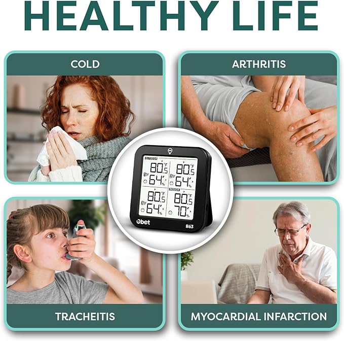 OBET Indoor Outdoor Thermometer Wireless with 3 Sensors Weather Station Temperature Humidity Monitor 500ft Range and Adjustable Backlight and Min Max Data Black