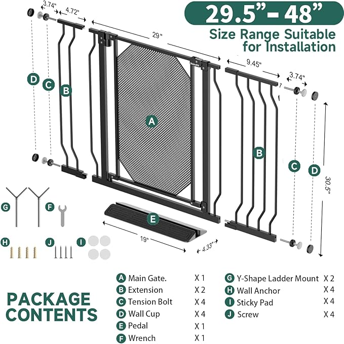 29.5"-48" Metal Baby Gate for Stairs & Doorways - Easy Install 30.5" Tall, Auto Close, Pressure Mounted, No Drilling - Stylish Safety Gate for Pets, Child Gate for Kids, Black