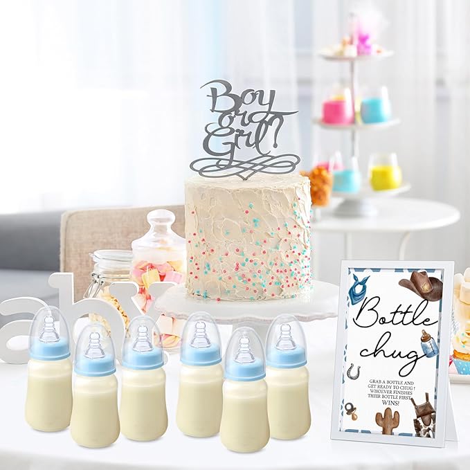 Roowest Bottle Chug Baby Shower Games Sets Including 18 Pcs Feeding Bottles with 1 Bottle Chug Wooden Sign for Gender Reveal Baby Shower Party Supplies(Blue,Cowboy)