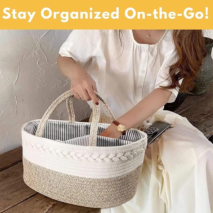 Baby Changing Basket Set with Diaper Caddy Organizer Macrame Boho Moses Basket for Babies, Handmade 100% Cotton Rope, Woven Portable Nursery Decor Waterproof Pad & Floral Pad