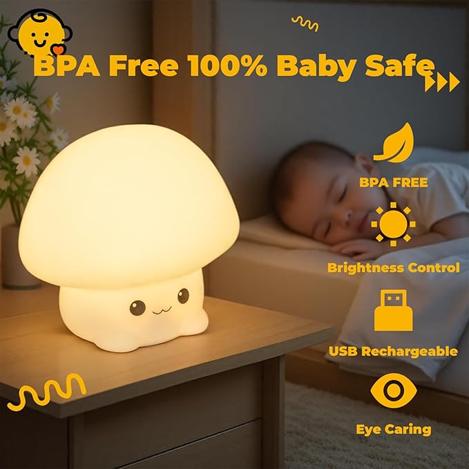LED Squishy Animal Night Light - 2 Level Dimmable Nursery Lamp for Kids, Rechargeable Touch Lamp, Cute Dorm Decor - Perfect Baby Boys Girls Gift (Cartoon Mushroom)