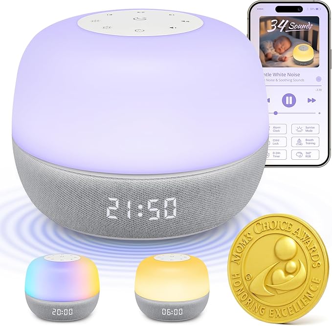 2025 Mom's Choice Awards | Sound Machine Baby White Noise Machine with Sunrise Alarm Clock & App Control – 360° RGB Night Light, Sleep Soother for Adults & Kids, Baby Essentials for Newborns