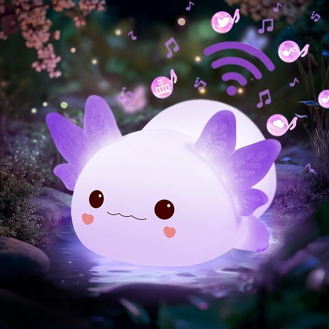 Mewaii Huggwaii Squishy Axolotl Night Light for Kids, Dimmable Silicone Kids Night Light with 4 White Noise, 2025 Upgraded Rechargeable Axolotl Lamp,Toddler Nightlight,Girls&Baby Gifts Room Decor